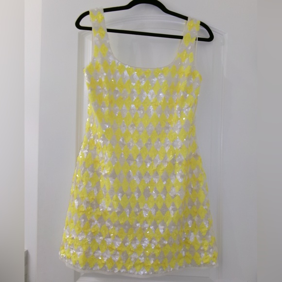 River Island Yellow checkered sequin mini dress- size UK14 (US10) - Picture 2 of 5